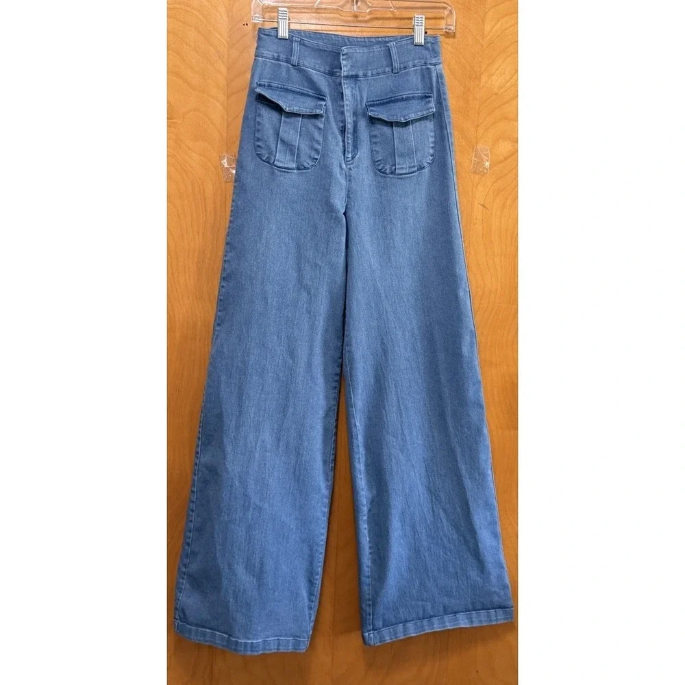 Flying Tomato Anthropologie Boho High Rise Wide Leg Flare Stretch Jeans Sz M - Picture 3 of 10